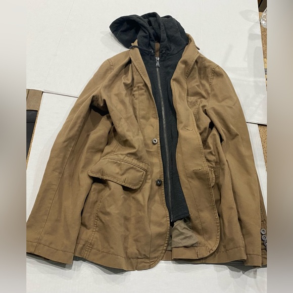 Express Mens Hooded Khaki/grey Zip Button Jacket Size Small - Picture 1 of 6